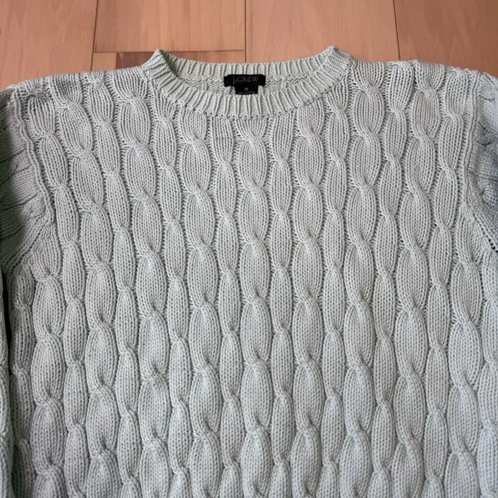 J Crew Cable Knit Sweater Women's Medium Teal Cotton Pullover Minimalist NYC